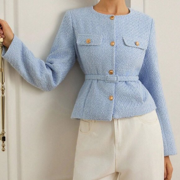 Blue Elegant Women's Cinched Waist Tweed Jacket - Picture 3 of 6